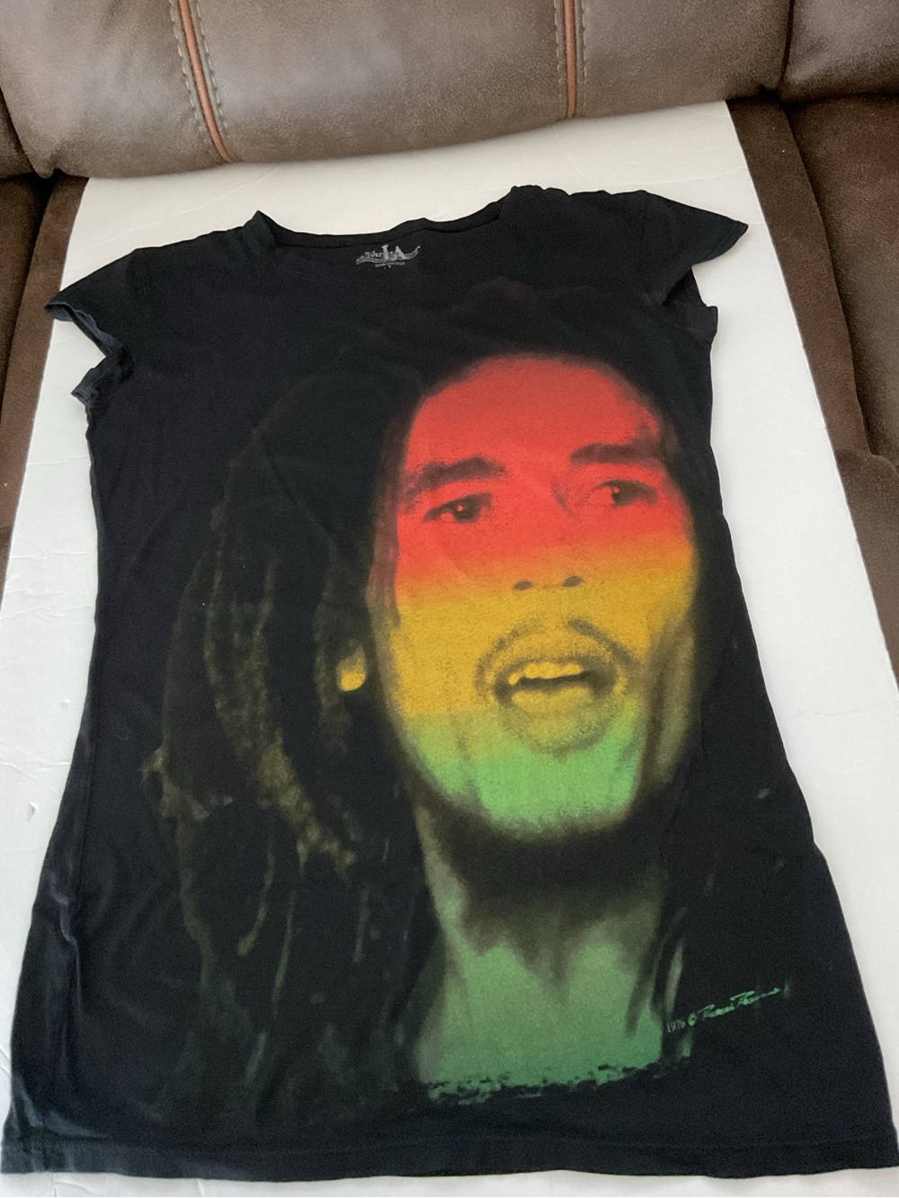 Bob Marley Graphic T-Shirt with Red-Yellow-Green Face Print. Cool.